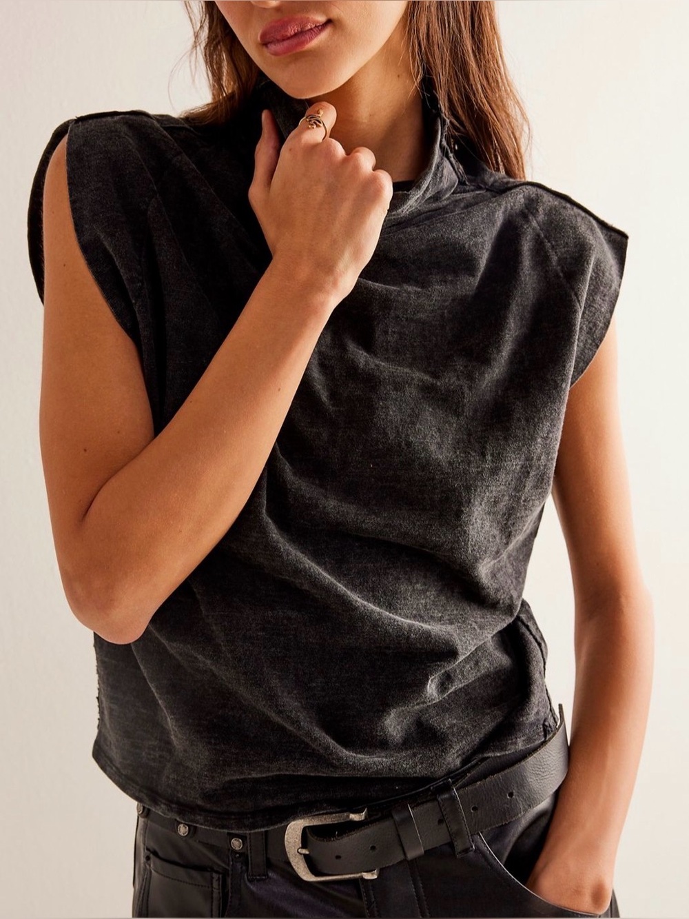 We The Free Sleeveless Mock-neck Sleeveless Tee in Charcoal